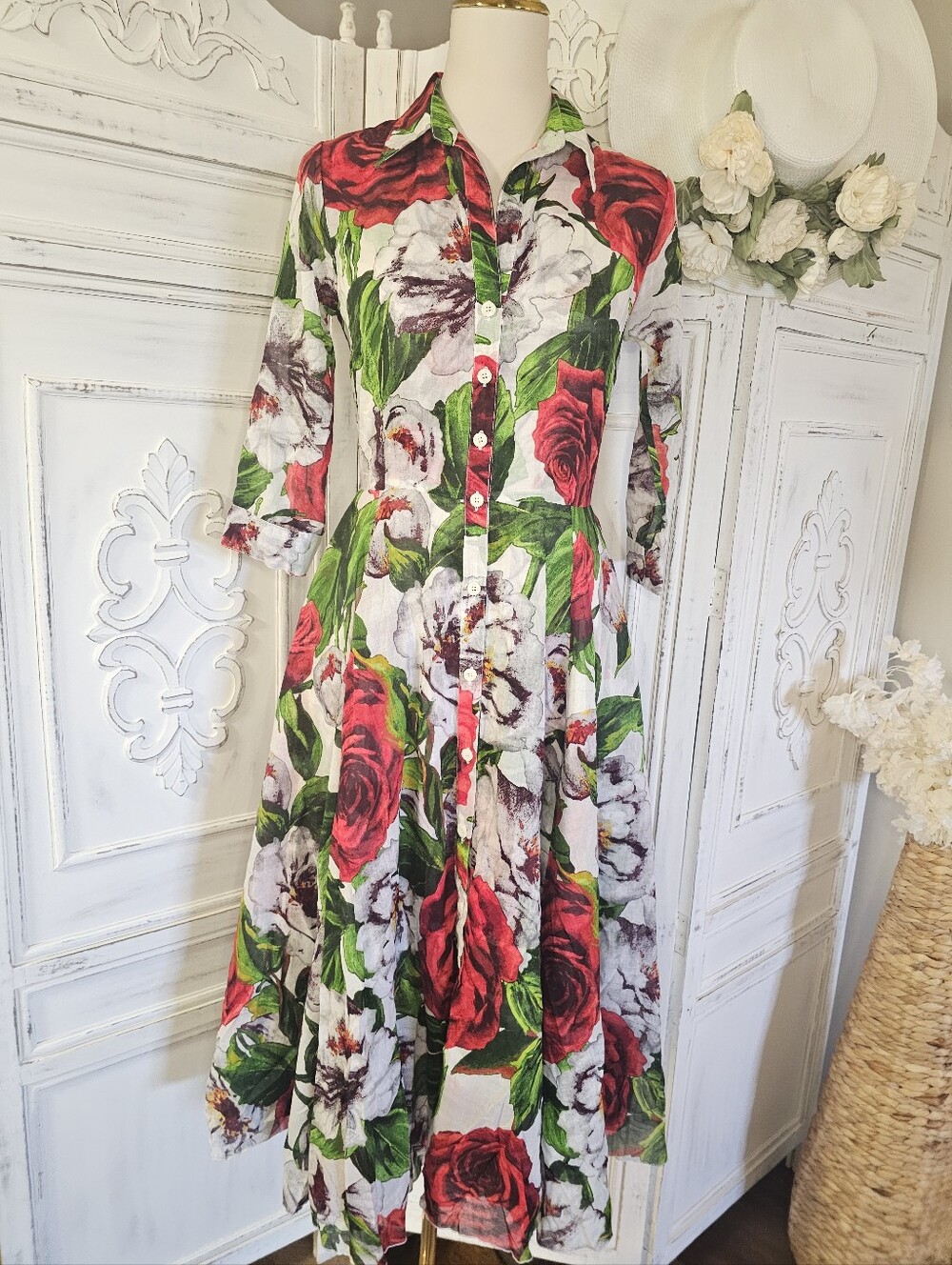 Samantha Sung White Red Floral 3/4 Sleeve Cotton Musola Midi Shirt Dress